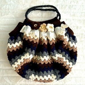 Handmade crochet knit fat bottom granny floral tote bag with lace
